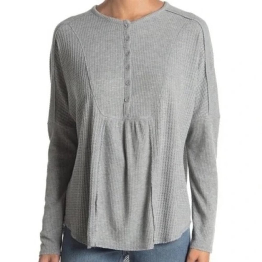 New Gibson Look XS Gray Dolman Mixed Rib Waffle Knit Henley Top NWT